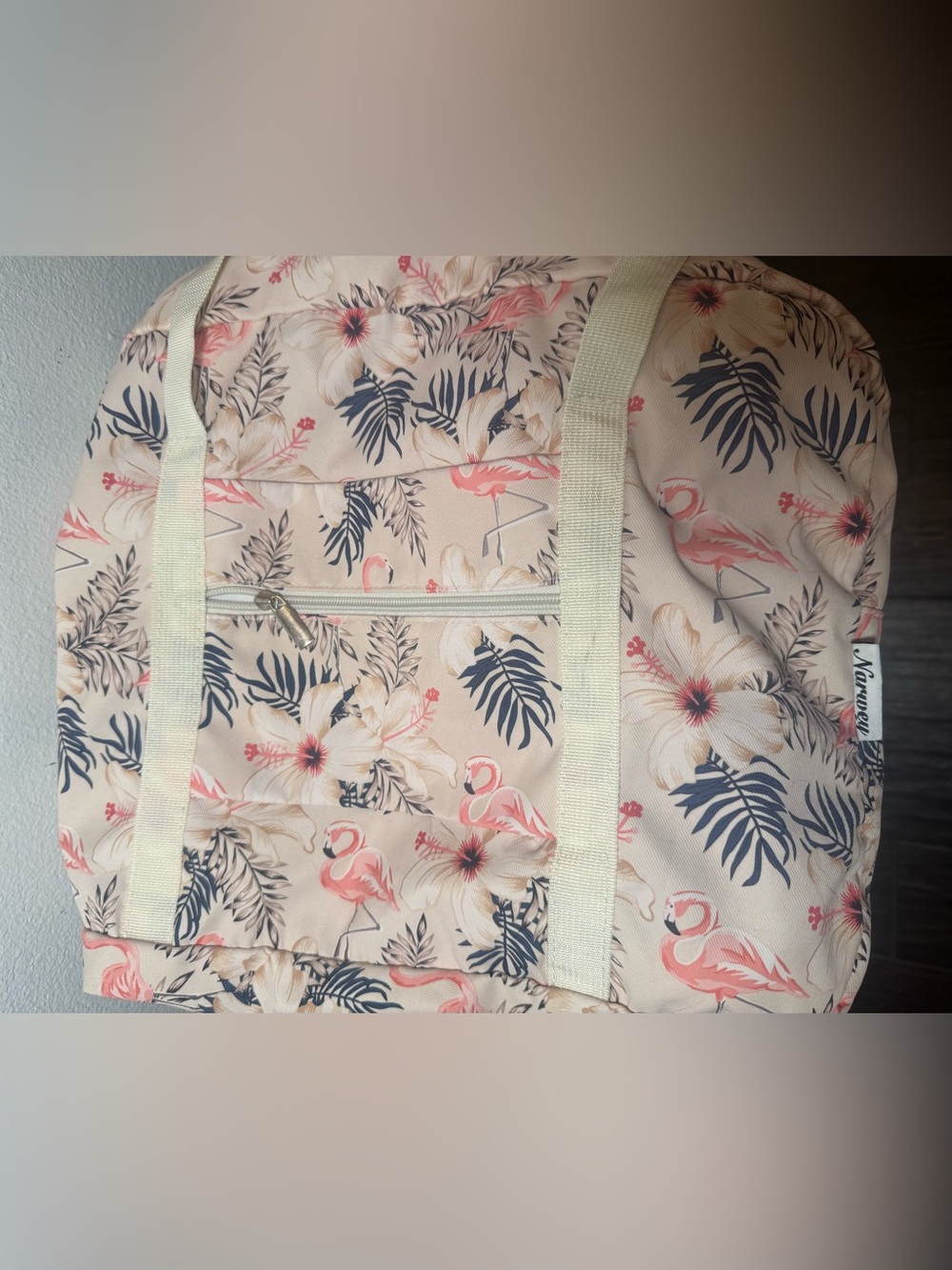 Narwey Beige Flamingo Foldable Travel Duffel Bag. Tropical flamingos & hibiscus. - Picture 6 of 15